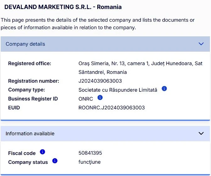 Fisa din portalul e-Justice pentru DEVALAND MARKETING S.R.L.: numar de inregistrare J2024039063003, EUID ROONRC.J2024039063003, cod fiscal 50841395, stare functiune