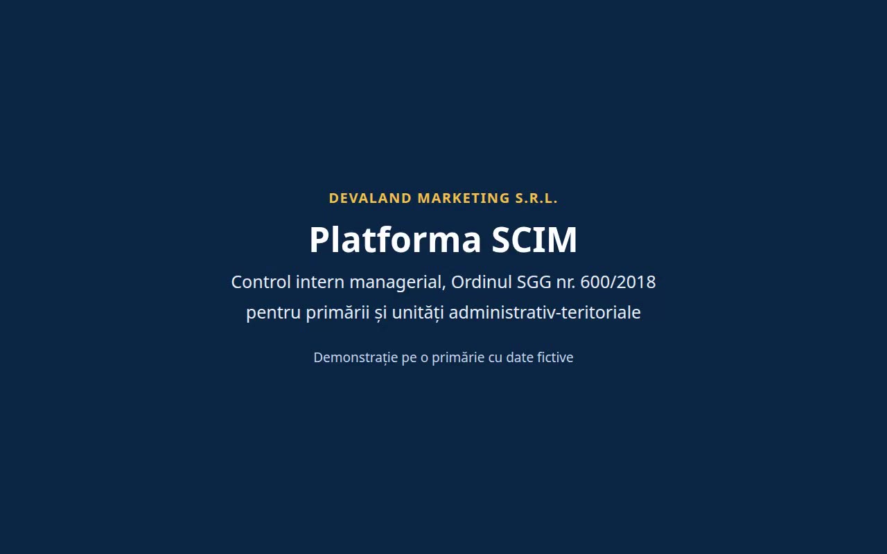 Filmul demonstrativ: Scurtă demonstrație a aplicației, făcută pe o primărie cu date fictive, cu subtitrare în limba română: organizarea, activitățile, registrul de riscuri, procedurile, autoevaluarea, raportul anual și modelele pentru primării.. Deschideți pagina filmului.